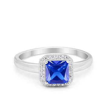 Halo Engagement Ring Princess Cut Simulated Tanzanite CZ 925 Sterling Silver